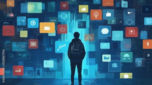 Person Surrounded by Digital Icons and Symbols
