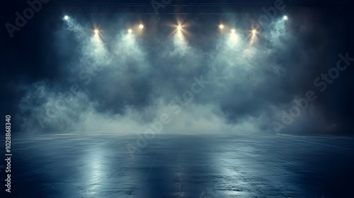 A dimly lit stage with smoke effects and spotlight beams.