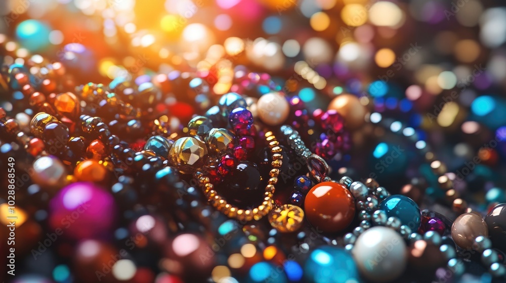 An array of colorful beads and trinkets scattered on a festive table An array of colorful beads and trinkets scattered on a festive table