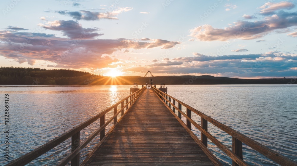 Naklejka premium Landscape with wooden pier with lake and sunset in the background