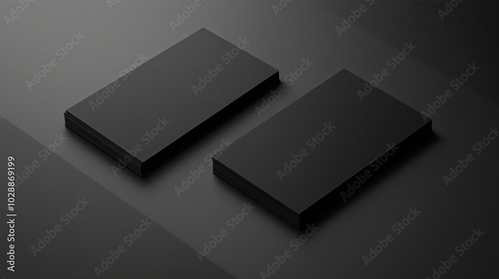 Two Black Business Cards on Dark Grey Surface, One Card Flat and the Other Overlapping at an Angle, Blank with No Text or Logos, Monochromatic Color Scheme Creating Sleek and Professional Appearance Two Black Business Cards on Dark Grey Surface, One Card Flat and the Other Overlapping at an Angle, Blank with No Text or Logos, Monochromatic Color Scheme Creating Sleek and Professional Appearance