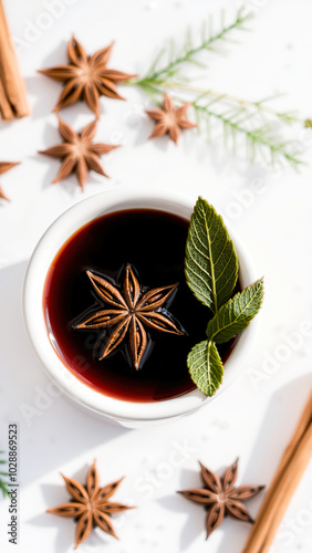 star anise a bowl liquid with fresh green leaves