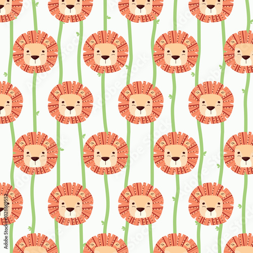 Cute lion doodle seamless pattern of funny safari animals on isolated background. Sweet jungle lions texture for baby design or children print.