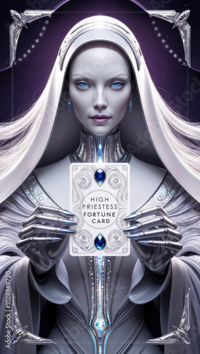 a tarot fortune card depicting a regal, futuristic android Popess with porcelain skin photo