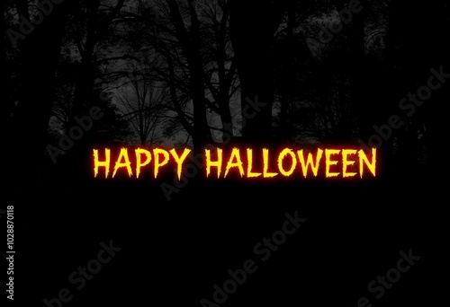  fiery text with "happy Halloween" flames and smoke on dark horror background