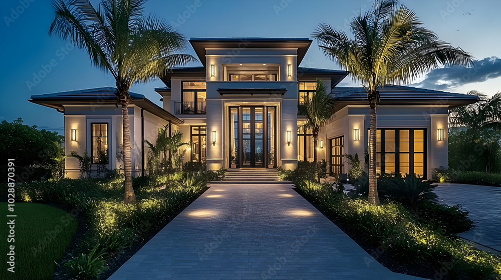 Modern luxury home with elegant landscaping at twilight. Modern luxury home with elegant landscaping at twilight.