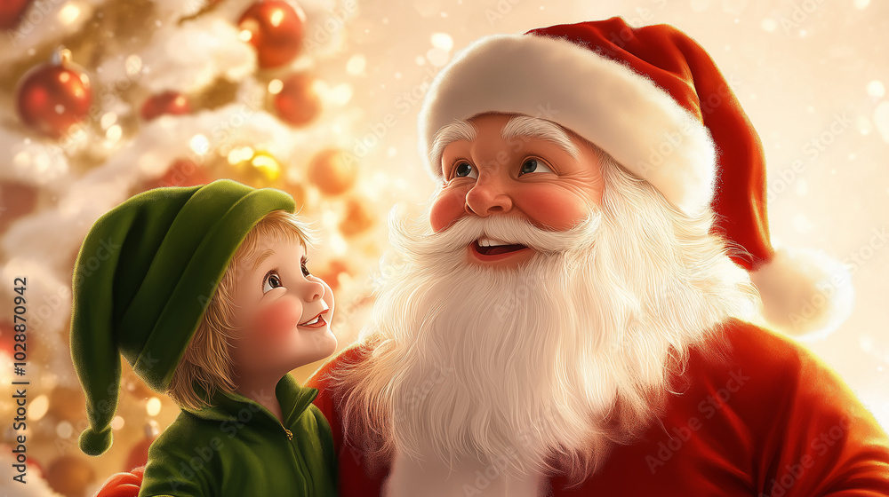 Santa and his happy little helper A detailed and heartwarming artwork showing Santa Claus with his signature white beard and red hat, accompanied by an adorable elf in a green outf Santa and his happy little helper A detailed and heartwarming artwork showing Santa Claus with his signature white beard and red hat, accompanied by an adorable elf in a green outf