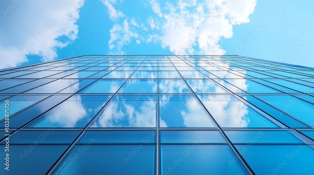 Towering glass skyscraper facade reflects fluffy white clouds in vibrant blue sky, creating a mesmerizing mirror effect of nature in urban architecture. Towering glass skyscraper facade reflects fluffy white clouds in vibrant blue sky, creating a mesmerizing mirror effect of nature in urban architecture.