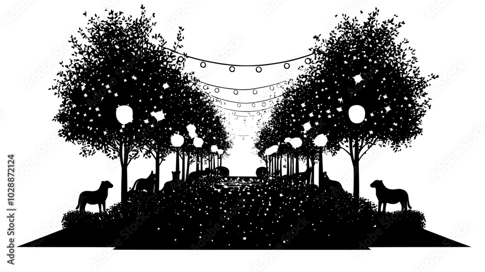 Obraz premium Botanical garden pathway lined with illuminated animal-shaped topiaries, illustration art