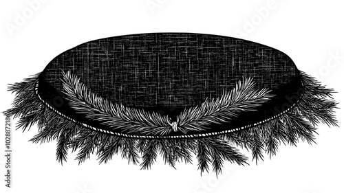 Burlap tree skirt with pine branches around the base of a Christmas tree, illustration art