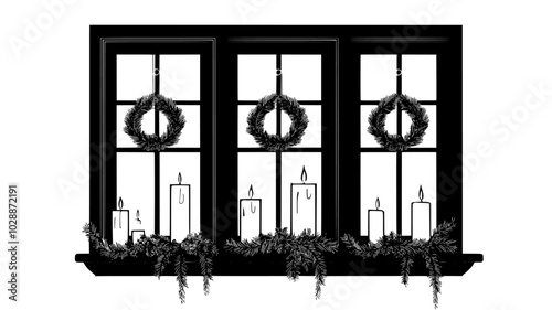 Candles in window sills with wreaths hanging outside each pane, illustration