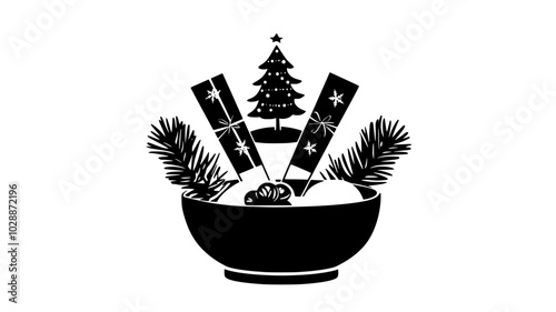 Bowl of Christmas crackers next to place settings, illustration art