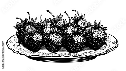 Chocolate-covered strawberries on a platter with a doily, illustration art