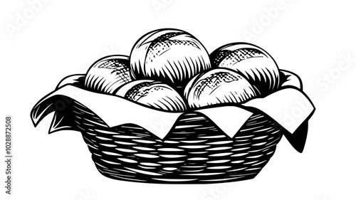 Dinner rolls in a bread basket with cloth, illustration art
