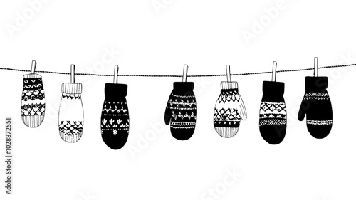 Display of hand-knitted mittens and hats on a clothesline, illustration art