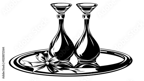 Crystal decanter set on mirrored tray with gift ribbon nearby, illustration art