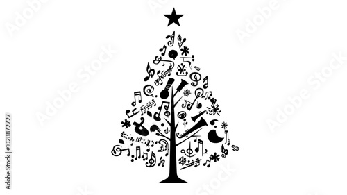 Fir tree covered in musical notes and instrument ornaments, illustration
