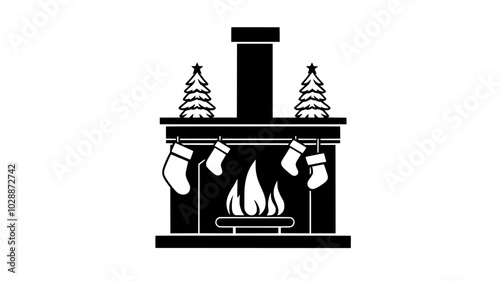 Fireplace with stockings hung and flames flickering inside, illustration