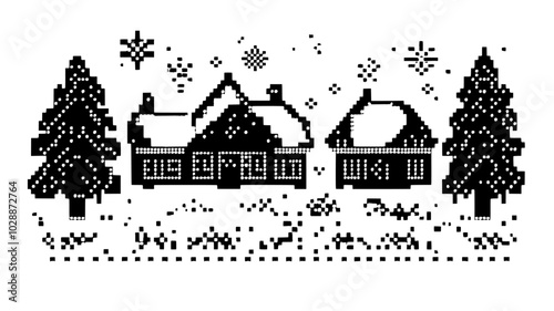 Framed cross-stitch sampler with holiday motif, illustration art
