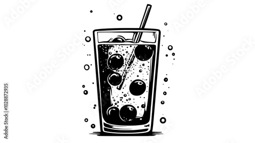 Glass of sparkling cider with cranberries floating on top, illustration art