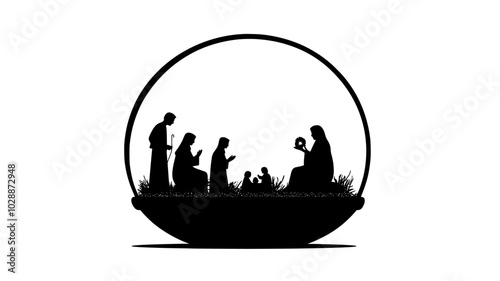 Glass globe containing a miniature nativity scene on a table, illustration art