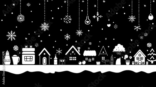 Gingerbread house village displayed on a kitchen counter for holiday decor, illustration art