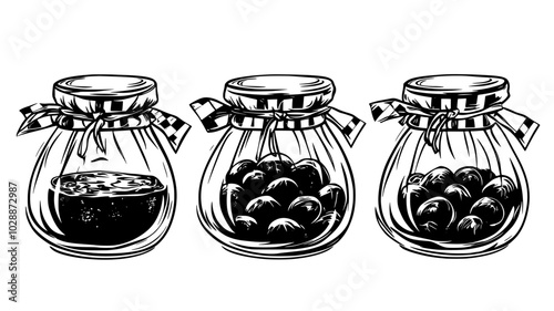 Glass jars filled with homemade jams on a gingham cloth, illustration art