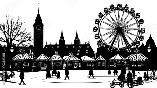 Ice skating rink adjacent to market stalls with a Ferris wheel, illustration art