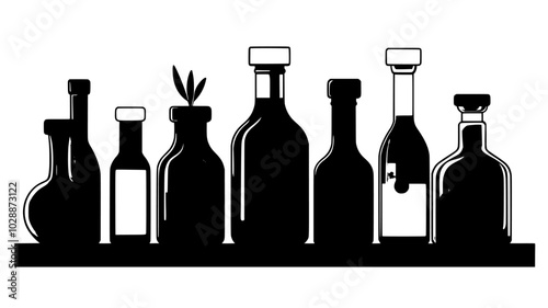Jars of flavored olive oils and vinegars on a shelf, illustration art