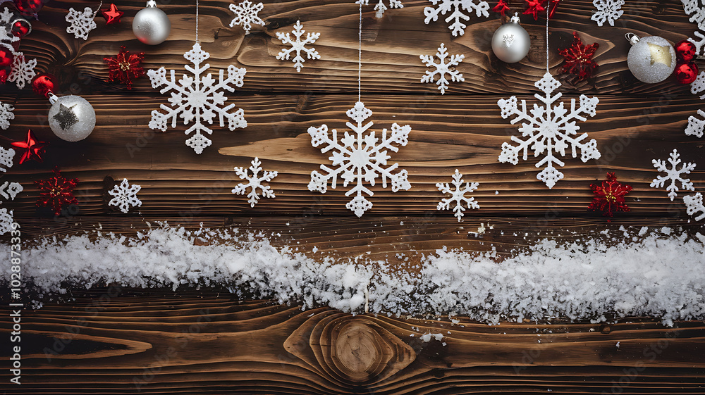 White snowflakes and red ornaments on a rustic brown wooden background with snow. Winter holiday design.
White snowflakes and red ornaments on a rustic brown wooden background with snow. Winter holiday design.