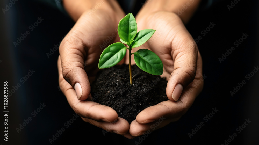Close-up of hands holding a small green plant with soil, symbolizing growth and environmental care. Close-up of hands holding a small green plant with soil, symbolizing growth and environmental care.