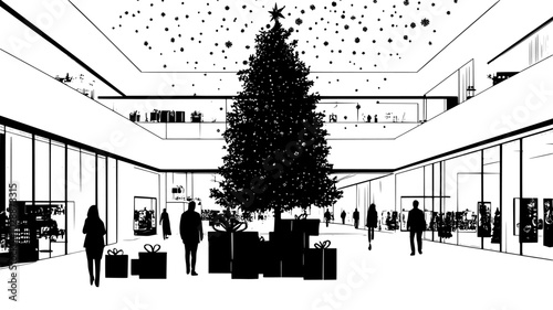 Large tree with gifts underneath in a shopping mall atrium, illustration art