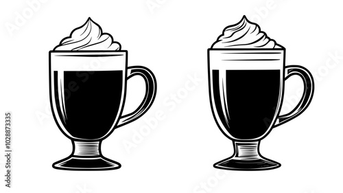 Irish coffee in a glass mug topped with whipped cream, illustration art