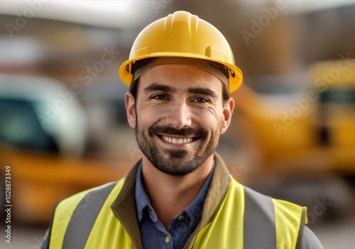 Close-up portrait of a smiling middle-aged male civil engineer wearing a yellow hard hat and reflective safety vest on a construction site. Engineer created with artificial intelligence.