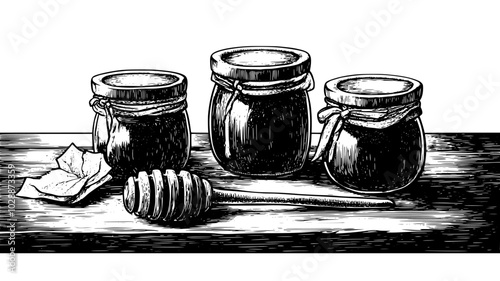 Jars of local honey arranged on a rustic wooden table, illustration art