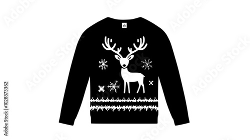 Knitted pullover featuring reindeer and snowflake motifs across chest, illustration art