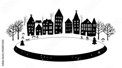 Miniature ice skating rink surrounded by village buildings, illustration art