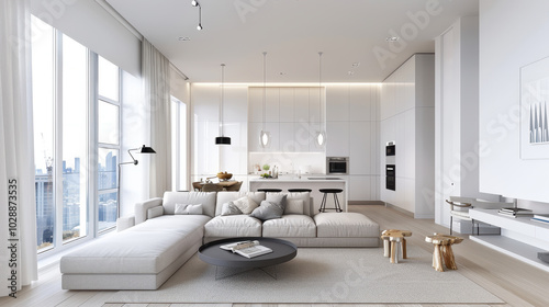 minimalist modern living room featuring neutral color palette, large windows, and stylish furniture. space exudes tranquility and sophistication, perfect for relaxation