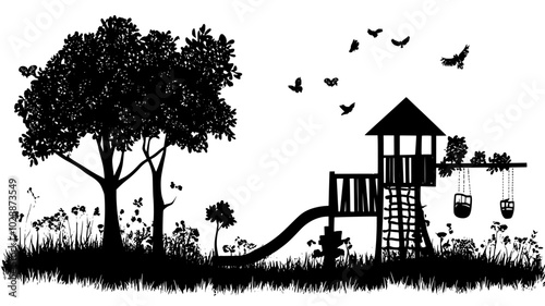 Outdoor play equipment assembled in backyard with trees, illustration art
