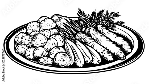 Platter of roasted vegetables drizzled with tahini sauce, illustration art