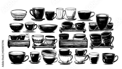 Pottery bowls and mugs arranged on wooden crates, illustration art