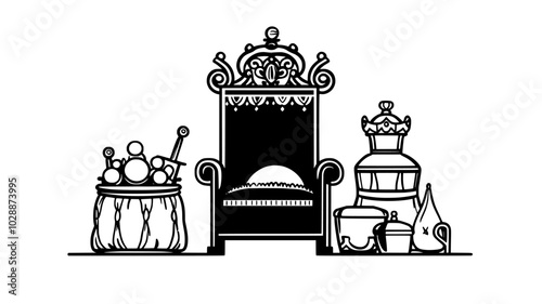 Sack of toys next to ornate throne in grand hall, vector illustration art