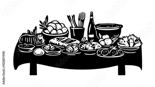 Swedish julbord spread with variety of cold and hot dishes, vector illustration art