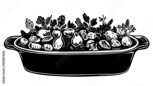 Stuffing in casserole dish with herbs, vector illustration art