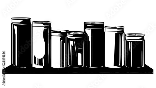 Upcycled tin cans painted and arranged on a shelf, rustic holiday decor, vector illustration art