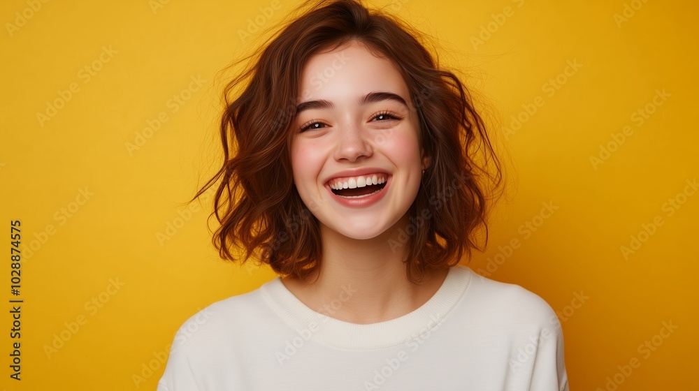 A young woman with curly hair smiles brightly against a vibrant yellow background, radiating joy and positivity during daylight A young woman with curly hair smiles brightly against a vibrant yellow background, radiating joy and positivity during daylight