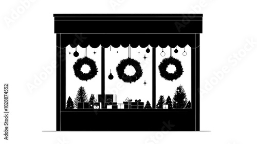 Wreath made of baubles and tinsel hanging in a store window, vector illustration art