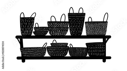 Woven baskets of various sizes nested on a shelf, vector illustration art