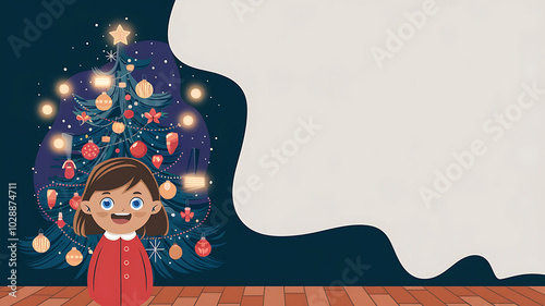 A festive Christmas scene with a girl in red and a green decorated tree, perfect for holiday greetings and winter celebrations. 
