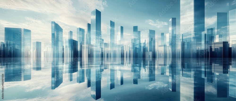 Fototapeta premium A stunning skyline of modern buildings reflecting on water, showcasing urban architecture and serene beauty.